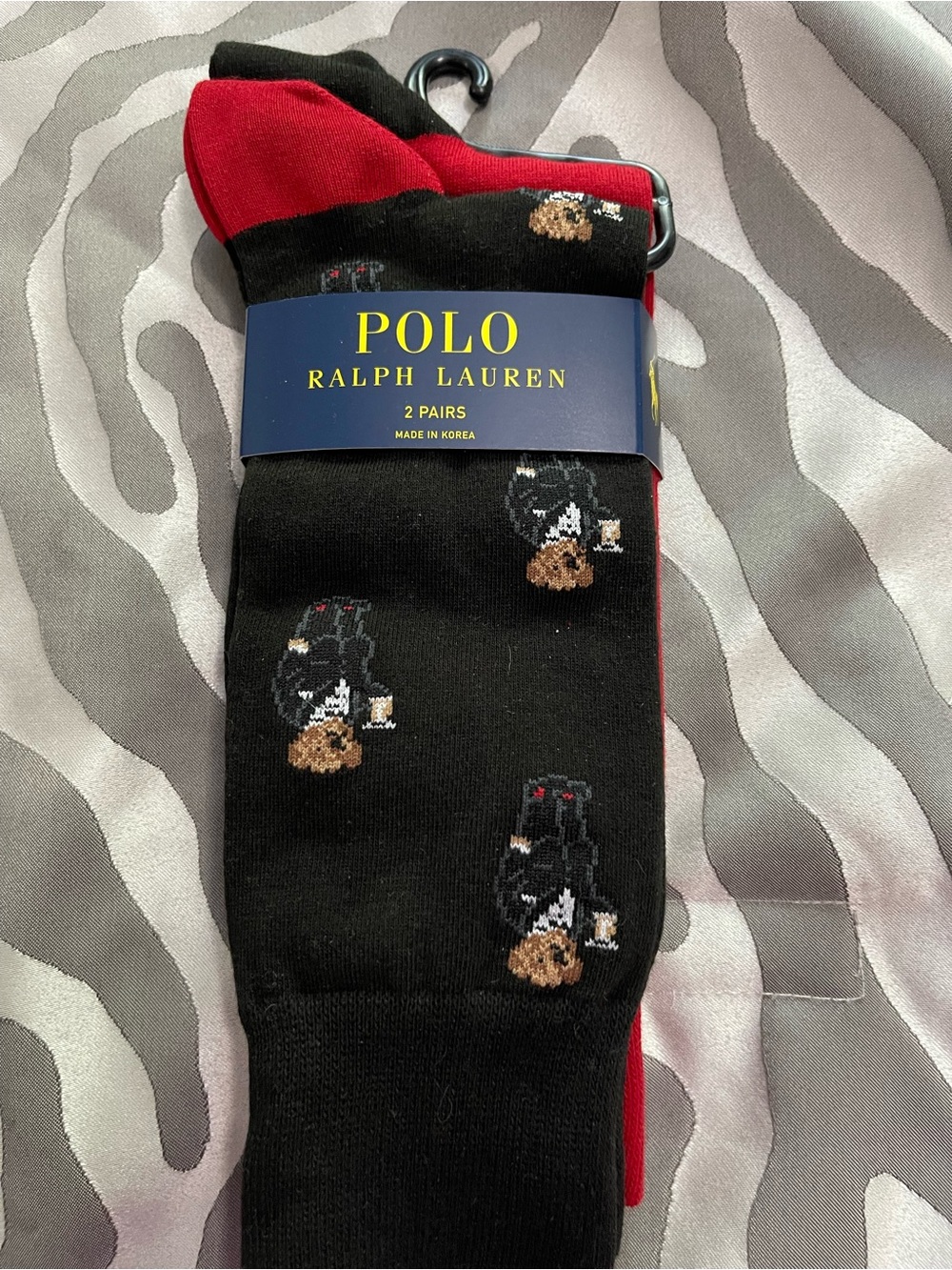 Polo by Ralph Lauren Black Socks with Red Cuff and Polo Bear Motif - 2 Pack